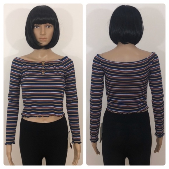 New No Comment Long Sleeve Striped Crop Top - Picture 1 of 12